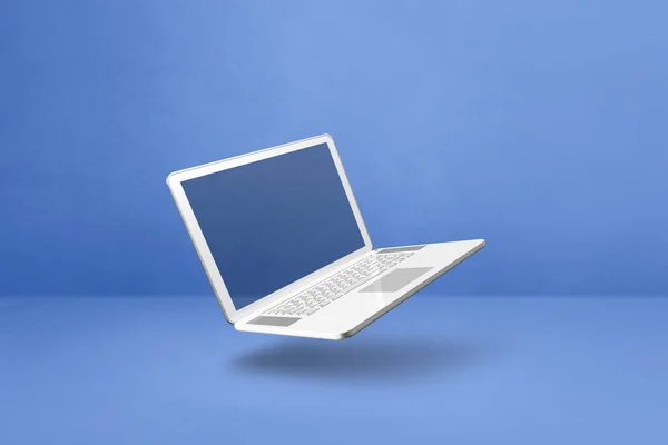 Blanco Computer Laptop Zwevend Een Blauwe Achtergrond Geïsoleerde Illustratie Horizontaal — Stockfoto