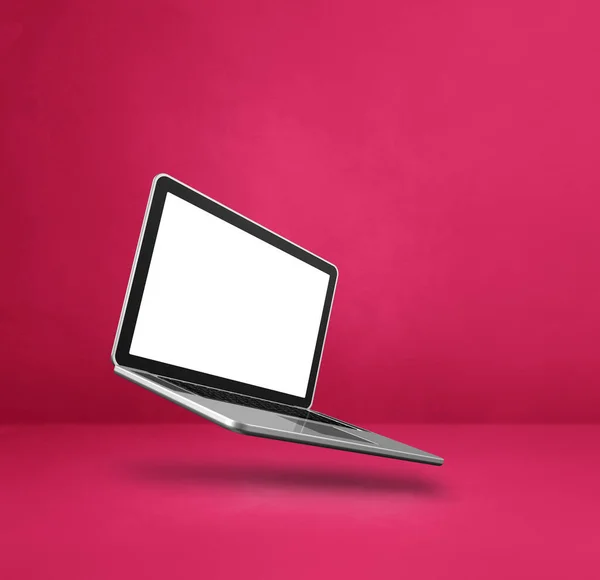 Blank computer laptop floating over a pink background. 3D isolated illustration. Square template