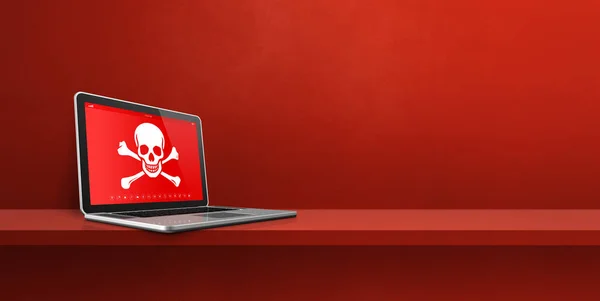 Laptop Uma Prateleira Com Símbolo Pirata Tela Conceito Pirataria Vírus — Fotografia de Stock