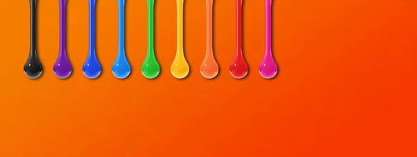 Kleurrijke Inkt Druppels Geïsoleerd Oranje Achtergrond Horizontale Banner Illustratie — Stockfoto