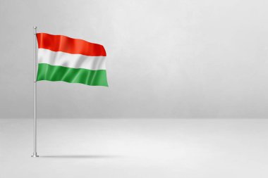Macaristan bayrağı, 3 boyutlu illüstrasyon, beyaz beton arka planda izole edilmiş