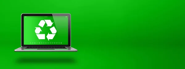 Laptop computer with a recycling symbol on screen. environmental conservation concept. 3D illustration isolated on green background. Horizontal banner