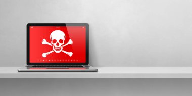 Rafta dizüstü bilgisayar ve ekranında korsan sembolü var. Hackleme ve virüs konsepti. Beyaz arkaplanda 3 boyutlu çizim izole edildi. Yatay Pankart