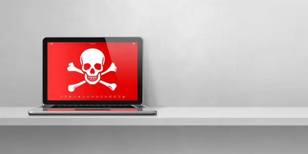 Laptop on a shelf with a pirate symbol on screen. Hacking and virus concept. 3D illustration isolated on white background. Horizontal banner