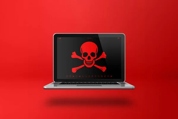 Laptop with a pirate symbol on screen. Hacking and virus concept. 3D illustration isolated on red background
