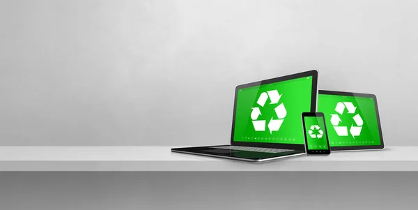 Laptop, tablet PC and smartphone on a shelf with a recycle symbol on screen. environmental conservation concept. 3D illustration isolated on white background. Horizontal banner