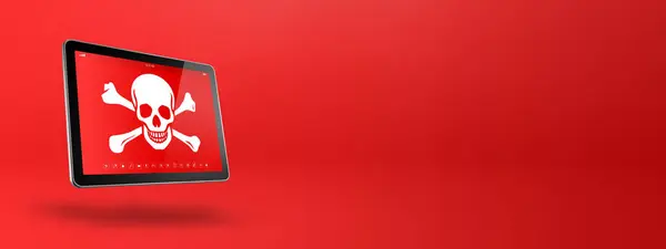 Digital tablet PC with a pirate symbol on screen. Hacking and virus concept. 3D illustration isolated on red background. Horizontal banner