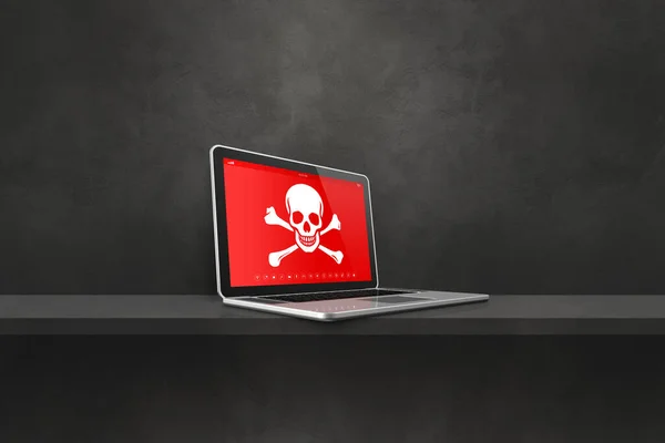Laptop on a shelf with a pirate symbol on screen. Hacking and virus concept. 3D illustration isolated on black background