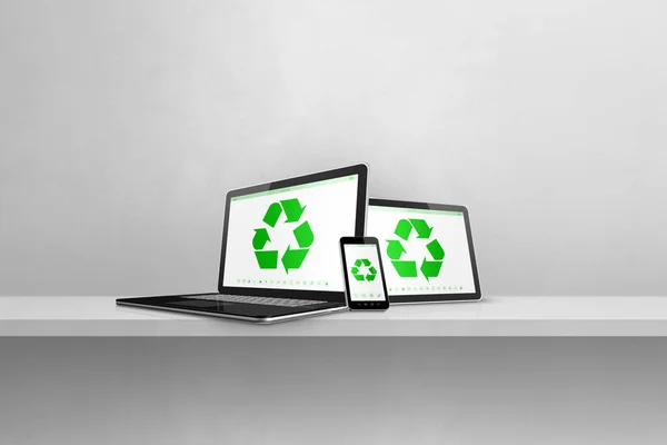 Laptop, tablet PC and smartphone on a shelf with a recycle symbol on screen. environmental conservation concept. 3D illustration isolated on white background