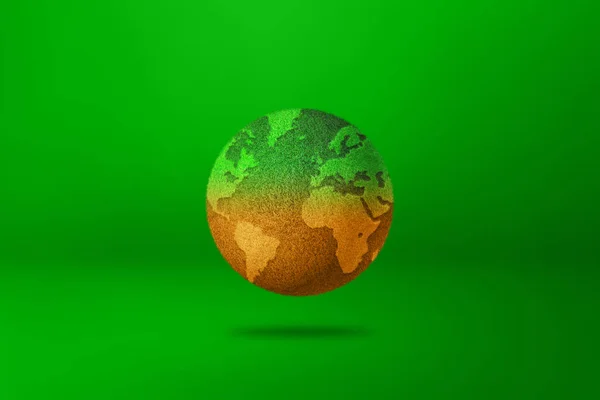 World globe covered with grass drying out due to global warming. Isolated on green background. Environmental protection symbol. 3D illustration