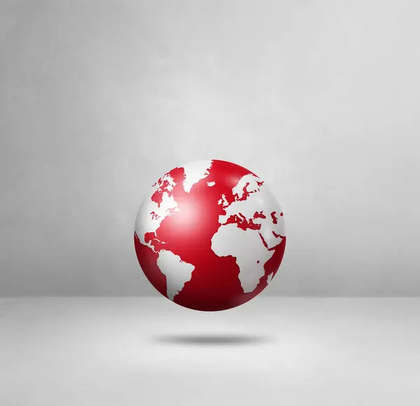 World globe, red earth map, floating over a white background. 3D isolated illustration. Square template