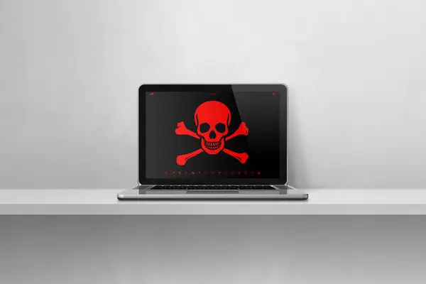 Laptop on a shelf with a pirate symbol on screen. Hacking and virus concept. 3D illustration isolated on white background