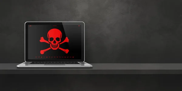 Laptop on a shelf with a pirate symbol on screen. Hacking and virus concept. 3D illustration isolated on black background. Horizontal banner