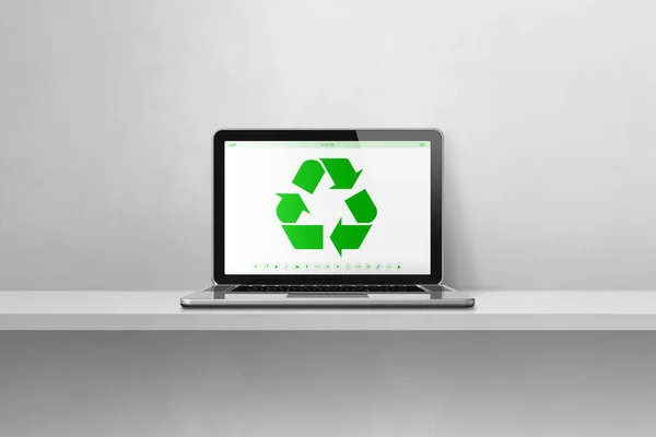 Laptop computer on a shelf with a recycling symbol on screen. environmental conservation concept. 3D illustration isolated on white background