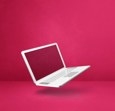 Pembe arka planda yüzen boş bir bilgisayar bilgisayarı. 3 boyutlu izole bir illüstrasyon. Kare şablon