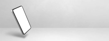 Beyaz arka planda yüzen boş bir akıllı telefon. 3 boyutlu izole bir illüstrasyon. Yatay pankart şablonu