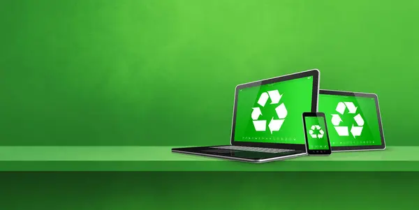 Laptop, tablet PC and smartphone on a shelf with a recycle symbol on screen. environmental conservation concept. 3D illustration isolated on green background. Horizontal banner