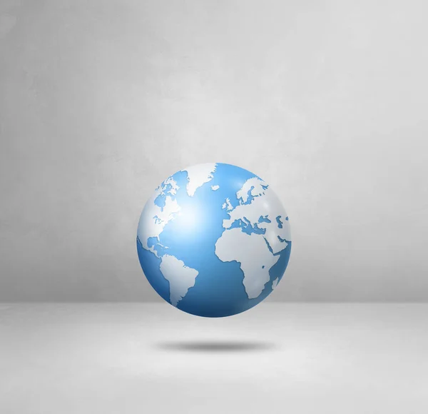 World globe, light blue earth map, floating over a white background. 3D isolated illustration. Square template