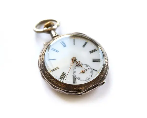 Relógio Bolso Vintage Com Sombra Isolada Fundo Branco Conceito Direção — Fotografia de Stock