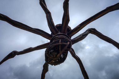 Bilbao - İspanya - 19 Temmuz 2022: Guggenheim Müzesi önünde Louise Bourgeois 'in anne heykeli