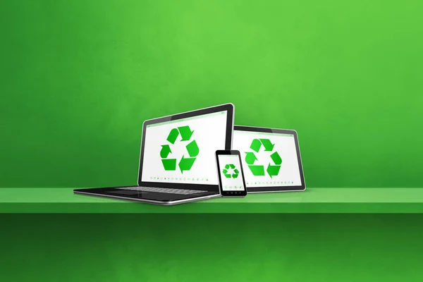 Laptop, tablet PC and smartphone on a shelf with a recycle symbol on screen. environmental conservation concept. 3D illustration isolated on green background