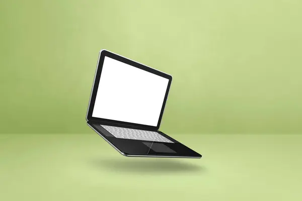 空白电脑笔记本电脑漂浮在绿色的背景上 3D孤立的插图 横向模板 免版税图库照片