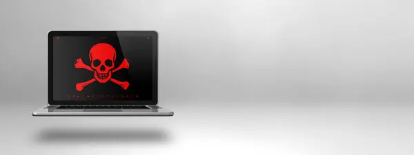 画面上の海賊のシンボルを持つノートパソコン ハッキングとウイルスの概念 白地に隔離された3Dイラスト ストックフォト