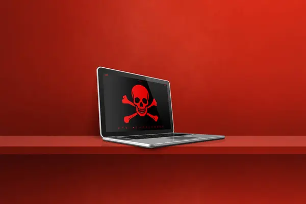 画面上の海賊のシンボルを持つ棚の上のノートパソコン ハッキングとウイルスの概念 赤の背景に隔離された3Dイラスト ストック画像