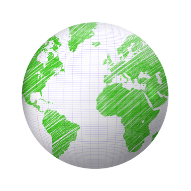 Okul kâğıdı küresi üzerinde yeşil kalemle çizilmiş dünya haritası