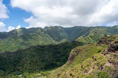 Hiva Oa, Marquesas Adaları, Fransız Polinezyası 'ndaki Puamau yolu boyunca uzanan dağlık arazi engebeli zirveleri ve derin vadileriyle yoğun tropikal bitki örtüsüyle kaplıdır.