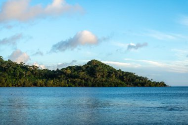Tahaa Adası 'ndaki Hurepiti Körfezi manzarası berrak turkuvaz suları, yemyeşil tepeler ve huzurlu sahil şeridi sergileniyor.