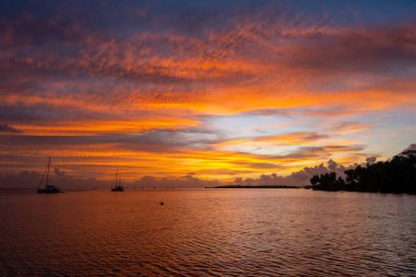 Canlı bir günbatımı Tahaa Adası 'nın üzerinde gökyüzünü boyar, suyun üzerinde güzel renkler bırakır ve ufukta siluet şeklinde yelkenliler belirir.