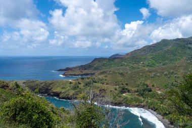 Hiva Oa, Marquesas Adaları, Fransız Polinezyası 'ndaki Puamau kıyısında sarp kayalıklar, yemyeşil tepeler ve Pasifik Okyanusu' nda turkuaz suyu bulunan tenha bir koy bulunur.