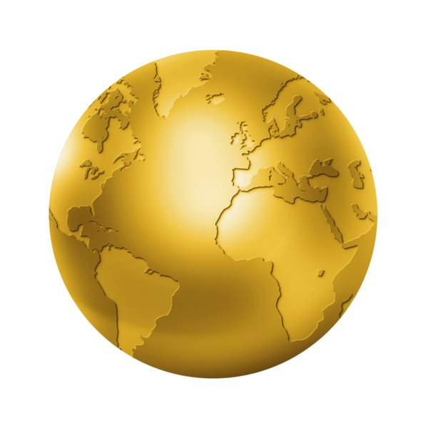 Altın dünya küresi şeffaf arka planda izole edildi. 3B illüstrasyon