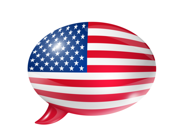 Beyaz üzerine izole edilmiş bir konuşma balonunda üç boyutlu ABD bayrağı