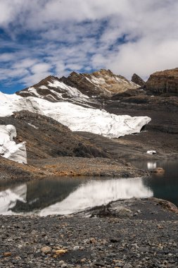 Huaraz, Peru 'da çarpıcı bir yüksek irtifa buz oluşumu olan Pastoruri Buzulu küçük bir buzul gölüne yansıyor. Bu geri çekilen buzullar, iklim değişikliğinin And arazisi üzerindeki etkilerini vurguluyor ve bölgede önemli bir yürüyüş noktası haline geliyor.