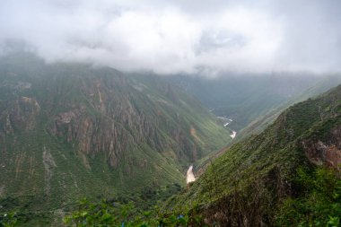 Peru 'daki Colca Kanyonu' nun ve nehrin büyüleyici manzarasını saran sis, sarp dağlar ve dağlarla kaplıyor.