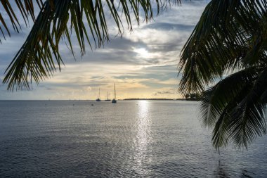 Fransız Polinezyası 'ndaki Tahaa Adası' nda sakin sular ve sakin bir atmosfer yaratan yelkenli tekneleriyle güzel bir günbatımı.