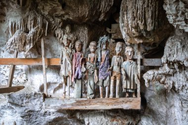Tahta Tau Tau heykelleri, Endonezya 'nın Sulawesi bölgesindeki Lemo Toraja bölgesindeki bir kireçtaşı mağarasında kutsal bir şekilde duruyor.