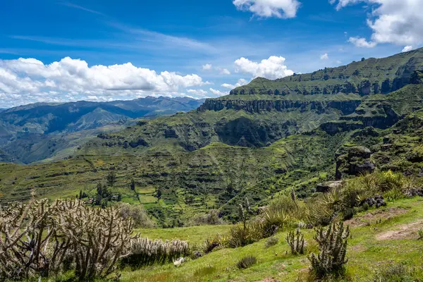 Peru 'daki Waqrapukara bölgesinde dramatik kaya oluşumları, yeşil vadiler ve dik uçurumlar yer almakta, And dağlarının parlak mavi gökyüzü altında nefes kesen manzaraları sunmaktadır.