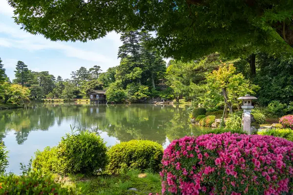 Kanazawa 'daki Kenroku-en Bahçesi gölet, taş fener ve yemyeşil bitki örtüsüyle doğal güzellik ve uyumu harmanlayarak barışçıl bir atmosfer yaratır.