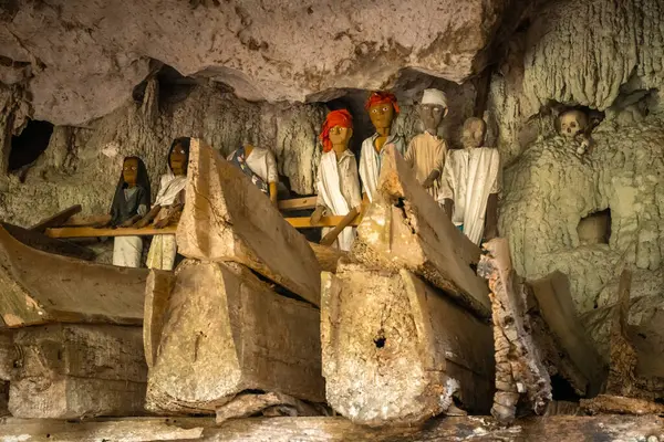 Tahta Tau Tau heykelleri, Endonezya 'nın Sulawesi bölgesindeki Lemo Toraja bölgesindeki bir kireçtaşı mağarasında kutsal bir şekilde duruyor.