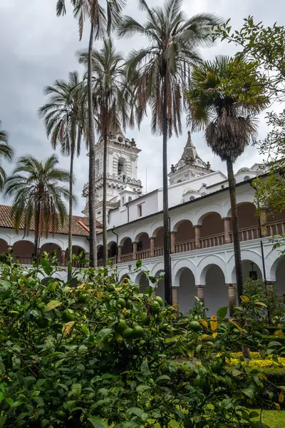 Quito, Ekvador 'daki tarihi San Francisco manastırı ve kilise avlusunda koloni mimarisi, palmiye ağaçları ve sakin bir çeşme yer alıyor.