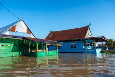 Parlak boyalı Bugis balıkçılarının evleri, Endonezya 'nın Sulawesi kentindeki geleneksel mimari ve günlük yaşamı yansıtan Tempe Gölü' nde huzur içinde yüzüyor.