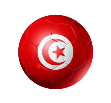 3D futbol topuyla Tunus takım bayrağı. beyaz izole.