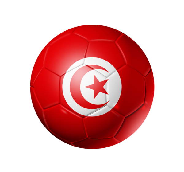 3D futbol topuyla Tunus takım bayrağı. beyaz izole.