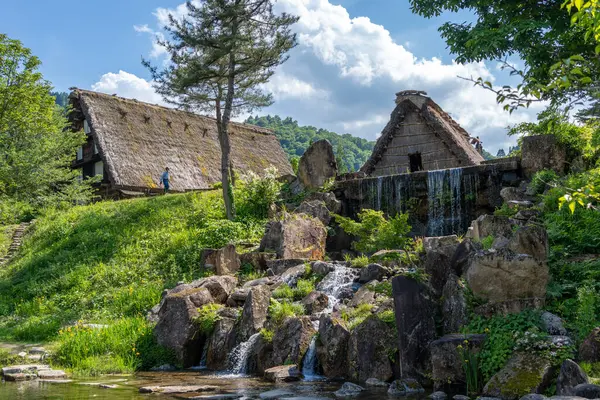 Küçük çağlayan bir şelale, Japonya 'nın Shirakawa-go kentindeki geleneksel go tarzı evler ve yemyeşil evlerle çevrili huzurlu bir gölete akar.