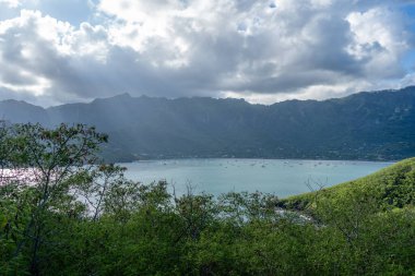 Nuku Hiva, Marquesas Adaları 'ndaki Taiohae Körfezi, kıyı kenti yakınlarındaki sakin sularda demirlemiş yelkenli tekneleriyle mavi ve bulutlu bir gökyüzünün altında yeşil dağlarla çevrilidir. Fransız Polinezyası