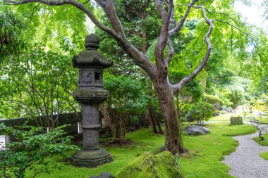 Japonya 'nın Kamakura kentindeki Hokoku-ji tapınağındaki ağaçların ve yeşilliklerin arasında yosun kaplı bir toro feneri duruyor.
