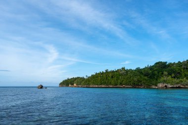 Waleakodi Adası 'ndaki beyaz kumlu ve yemyeşil ormanlı Lia sahilleri göz alıcı Togian takımadalarının bir parçası, Sulawesi, Endonezya